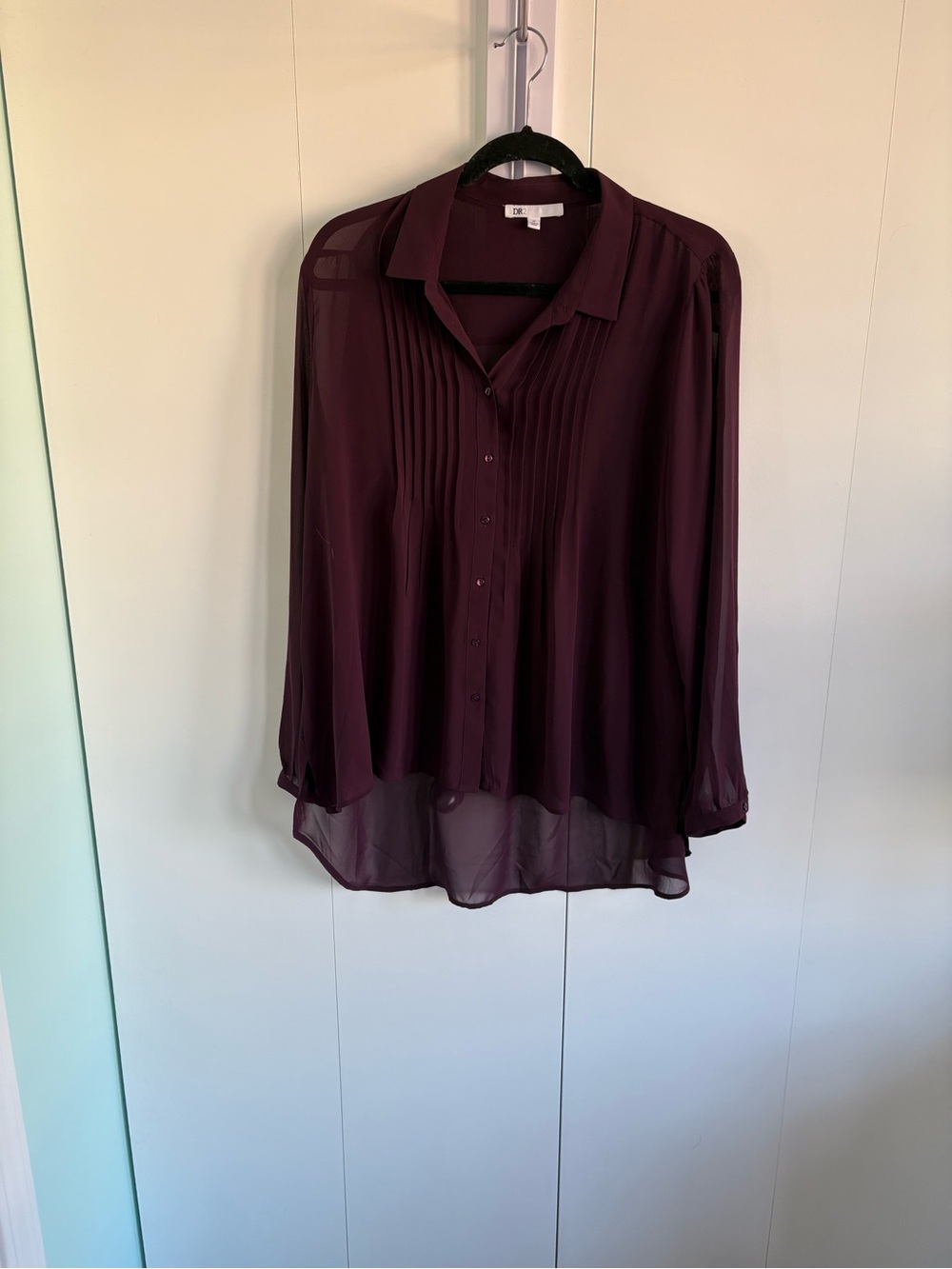 DR2 Plum Pintuck Sheer Button-Down Blouse